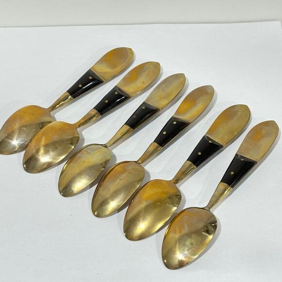 Thailand brass & teak spoons set cocktail espresso tea demitasse boxed set of 6 - Picture 6 of 9